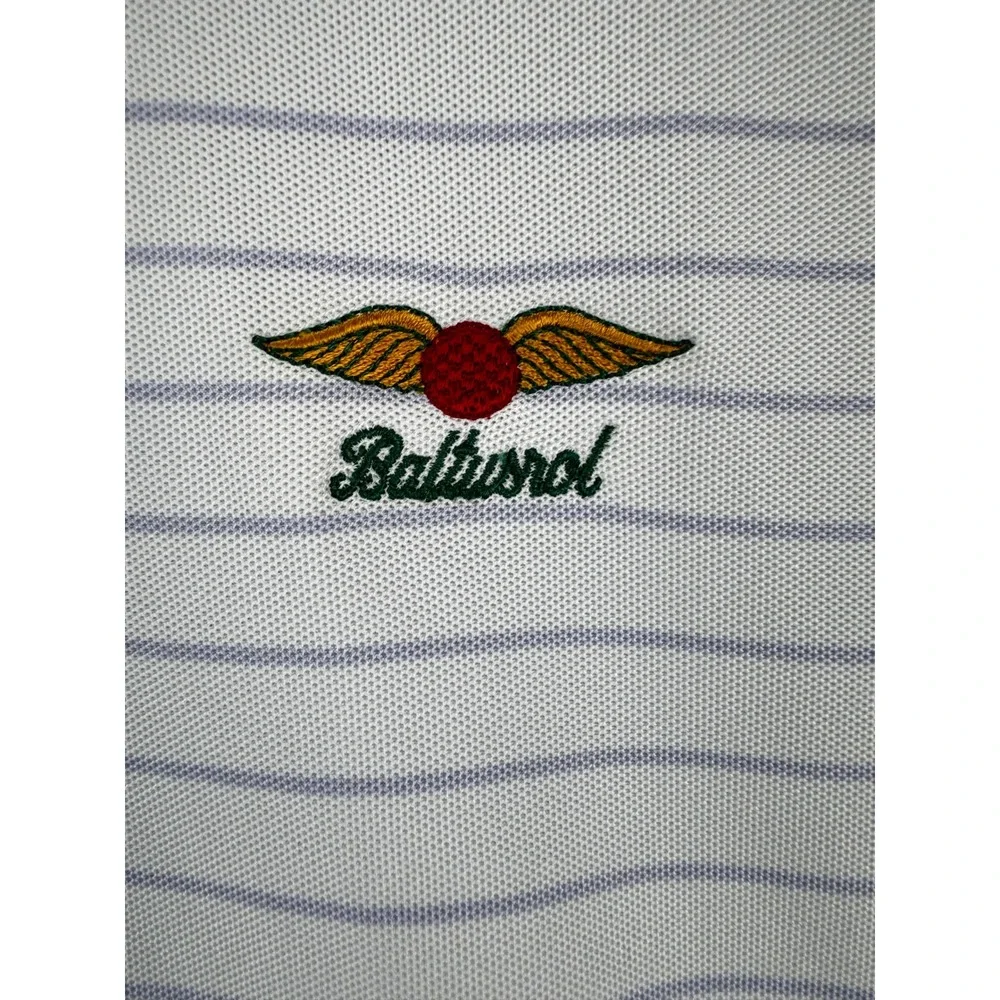 Greg Norman Mens Polo Shirt XL White Purple Striped Baltusrol Golf Play Dry Logo